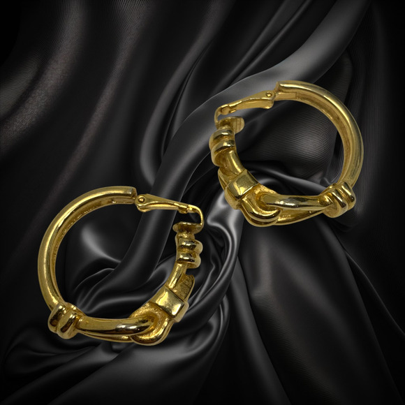 Vintage 1980's Kenneth Jay Lane Knot Hoop Gold Tone Leverback Earrings Modernist - Picture 3 of 6
